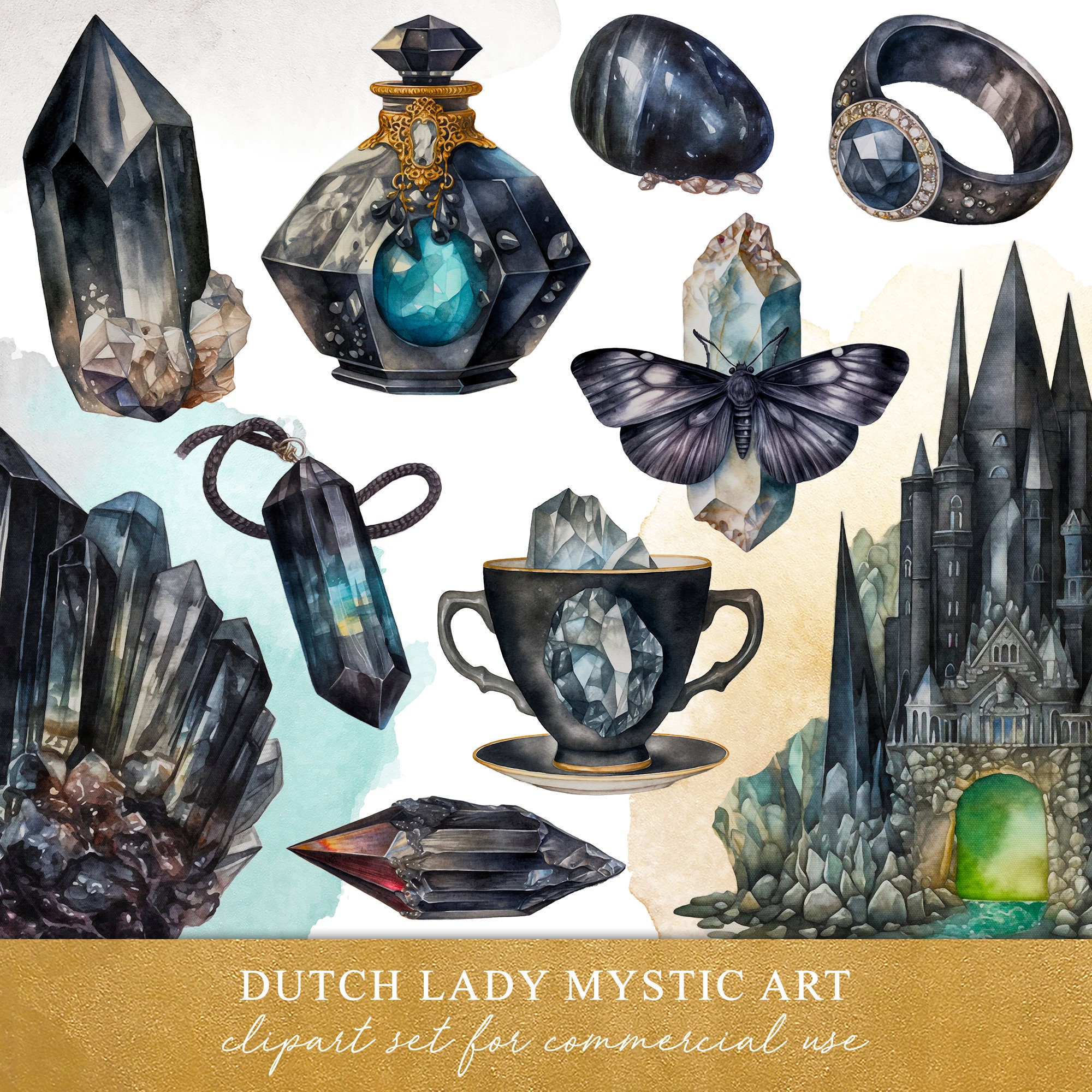 Esoteric Rocks Black Tourmaline Crystal Clipart Set: Watercolor Esoteric Rocks ...