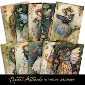 Cartes postales fées et oiseaux, lot de reproductions d'art, motifs de cartes imprimables, forêts enchantées, illustrations de contes de fées, martin-pêcheur, TÉLÉCHARGEMENT IMMÉDIAT
