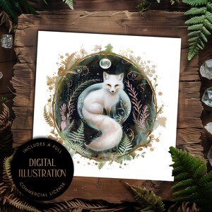 May include: A digital illustration of a white fox inside a circular frame with fern and floral accents. The illustration includes the text "INCLUDES A FULL DIGITAL ILLUSTRATION COMMERCIAL LICENSE". The artwork has a mystical, fantasy theme.