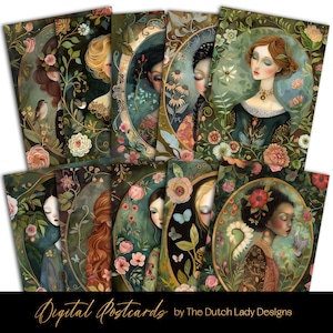 Ensemble floral de portraits de dames, carte postale et impression d'art, femmes du monde ethnique victorien, modèles de cartes imprimables, oiseaux et fleurs, TÉLÉCHARGEMENT IMMÉDIAT