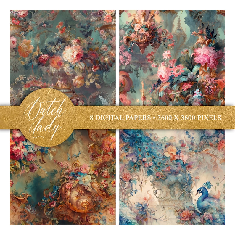 Seamless Rococo wallpaper backgrounds. Set of tileable scrapbook paper with an antique flower and bird wallpaper theme. Digital backgrounds. Multicolor 8 JPEG images in size 3600x3600 pixels for your personal and commercial creative projects.