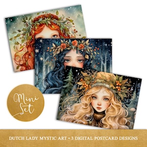 Mini ensemble de cartes postales de déesses de Noël - dessins numériques imprimables - filles en plein hiver - portraits de Noël païen - 3 fichiers JPEG - téléchargement immédiat