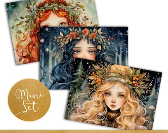 Yule Goddesses Postcard Mini Set - Diseños digitales imprimibles - Midwinter Girls - Retratos de Navidad paganos - 3 archivos JPEG - DESCARGA INSTANTE