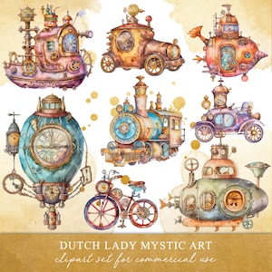 Steampunk Transportation Clipart Set - Watercolor Victorian Sci-Fi Images - Cars, Trains, Balloons, Boats - INSTANT DOWNLOAD - 25 PNG Files