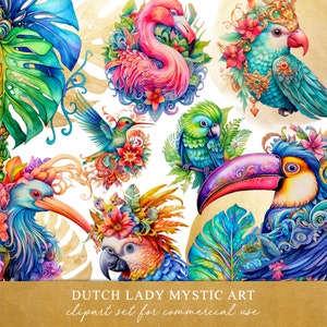 Tropische Vögel Clipart-Set - Bunte Dschungelvögel & Monstera-Blätter-Grafiken - Goldene Aquarellkreise - SOFORTIGER DOWNLOAD - 25 PNG-Dateien