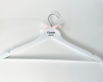 Premium Luxury White Wood Personalised Hangers with Ribbon | Name/role sticker | Wedding, Hen Do, Birthday, Celebrations, Occasions, Party