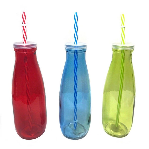 LOT 3 Glass Reusable Milk Bottles with Lid & Straw/ Water Bottle Container NEW