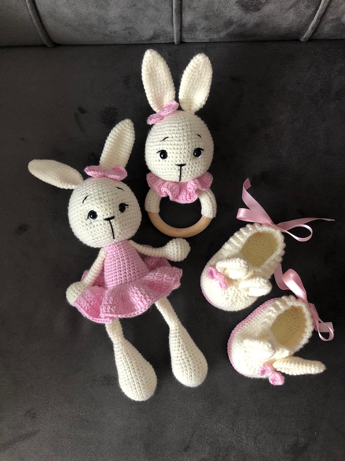 KawaiOnO Crochet Stuffed Animal - Adorable Handmade Bunny Daughter Plushie  Doll with Pink Dress, Ideal for Infants - Knitted Stuffed Animal Crocheted
