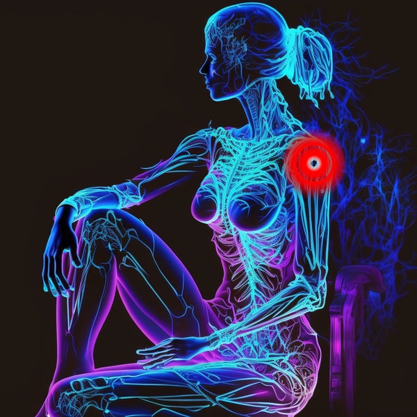 pain shoulder woman sitting sideways almost transparent arteries neon pink neon blue