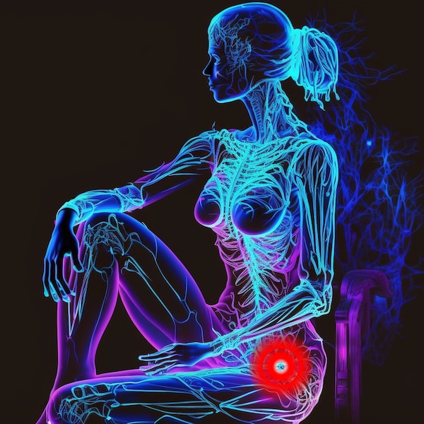 pain perlvis breast woman sitting sideways almost transparent arteries neon pink neon blue