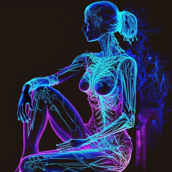 Woman sitting sideways almost transparent arteries neon pink neon blue