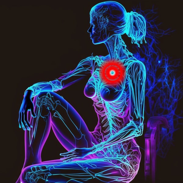 pain chest breast woman sitting sideways almost transparent arteries neon pink neon blue
