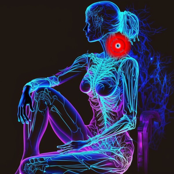 pain neck woman sitting sideways almost transparent arteries neon pink neon blue