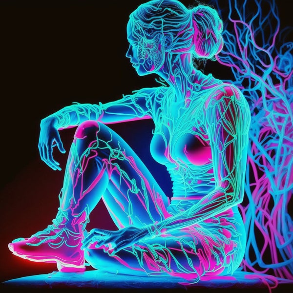 Woman sitting sideways almost transparent arteries neon pink neon blue