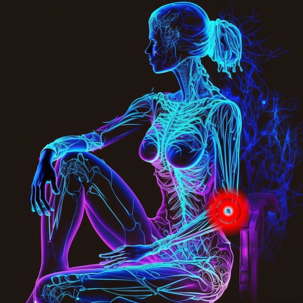 pain elbow woman sitting sideways almost transparent arteries neon pink neon blue