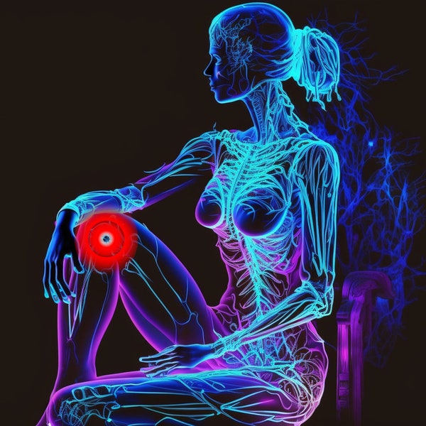 pain knee woman sitting sideways almost transparent arteries neon pink neon blue