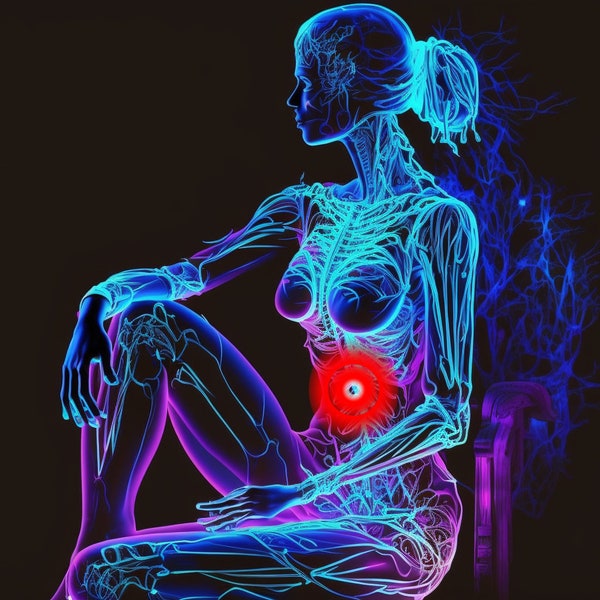 pain stomach woman sitting sideways almost transparent arteries neon pink neon blue