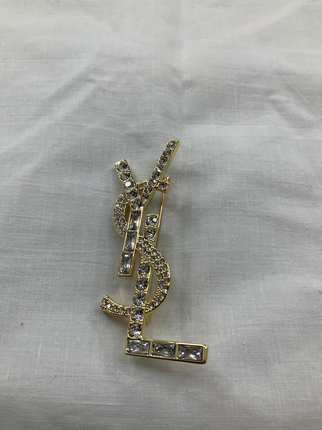 Vintage YSL Gold & Rhinestone Brooch Boxed Etsy