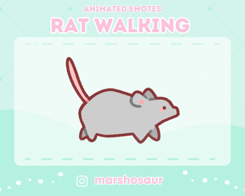 May include: A cartoon illustration of a gray rat walking with a pink tail. The rat has a pink nose and cheeks. The background is a light blue with white flowers.