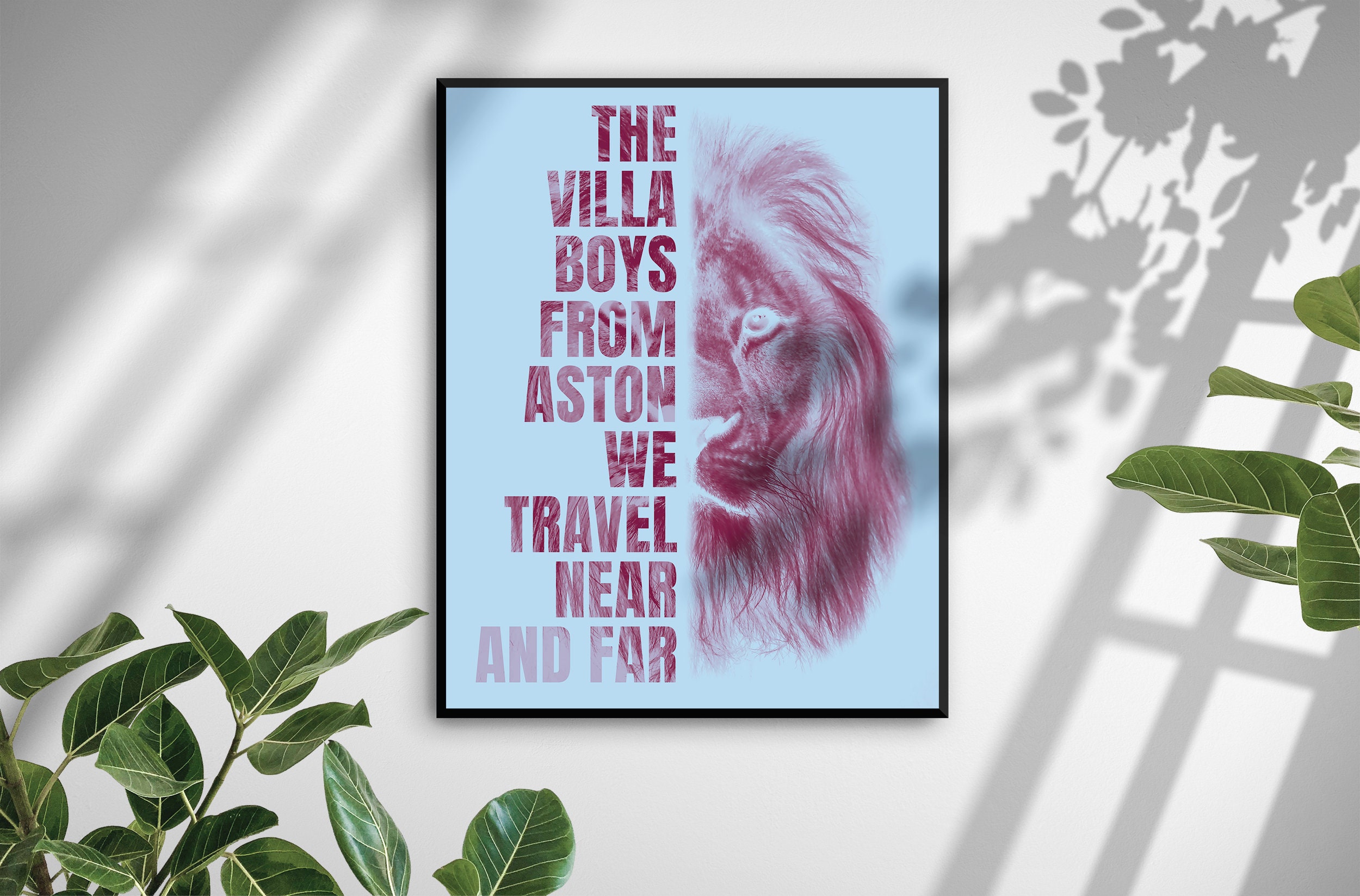 Unique Aston Villa Typographical Print: 'The Villa Boys From Aston We Travel Near And Far' with Majestic Lion - Perfect for AVFC Fans!
