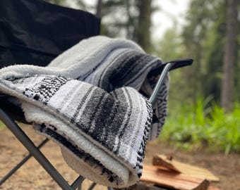 Hand Finished Baja Blanket: Grey Double-Sided Mexican Falsa Blanket with Minky Fleece