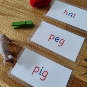May include: Three white cards with the words "hat", "peg", and "pig" written in blue and red letters. A red knitted hat, a green clothes peg, and a small pink pig figurine are also in the image.