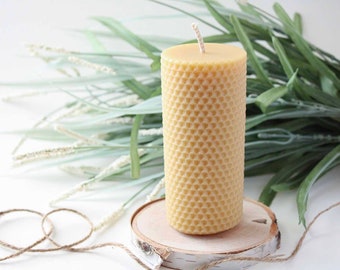 Beeswax Pillar Candle with Honeycomb Texture