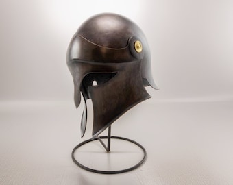 Casco espartano de acero hecho a mano con acabado antiguo, réplica para cosplay