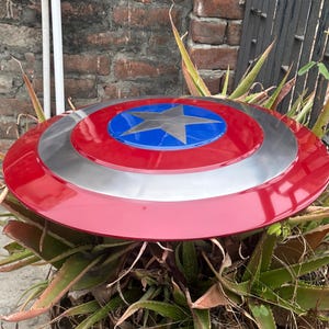 May include: A red, white, and blue Captain America shield with a silver metal rim. The shield is sitting on top of a green plant.