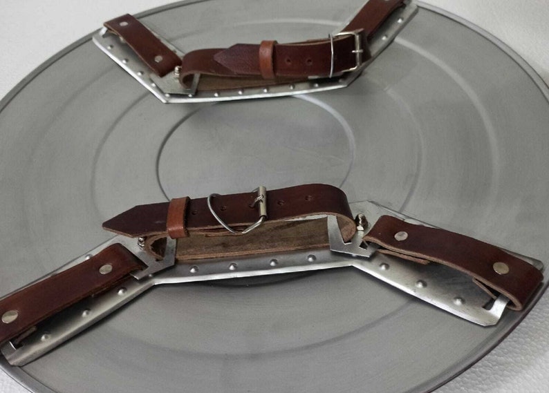 Puede incluir: Un escudo de metal con tres correas de cuero marr&oacute;n unidas a la parte posterior. Las correas tienen hebillas met&aacute;licas y est&aacute;n dise&ntilde;adas para ser usadas en la espalda.