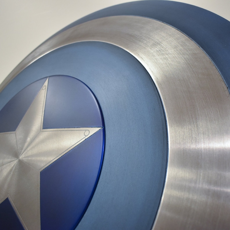 May include: Close-up of a blue and silver Captain America shield. The shield has a five-pointed star in the center.