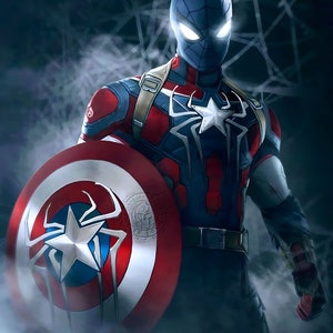 Puede incluir: Una figura de superh&eacute;roe que lleva un traje azul y rojo con un dise&ntilde;o de ara&ntilde;a y una estrella blanca en el pecho. La figura sostiene un escudo rojo, blanco y azul con un dise&ntilde;o de ara&ntilde;a en el centro.