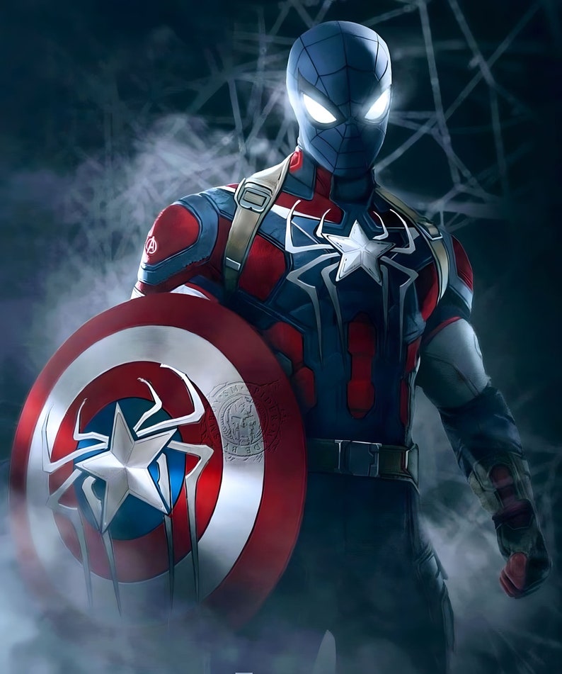 Puede incluir: Una figura de superh&eacute;roe que lleva un traje azul y rojo con un dise&ntilde;o de ara&ntilde;a y una estrella blanca en el pecho. La figura sostiene un escudo rojo, blanco y azul con un dise&ntilde;o de ara&ntilde;a en el centro.