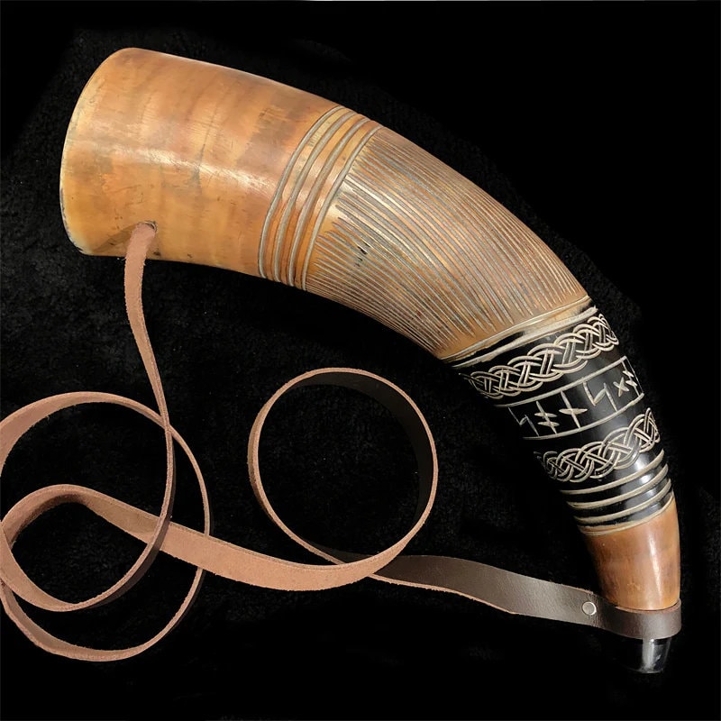 13 Inches Viking War Horn With Leather Shoulder Strap , Blowing Horn