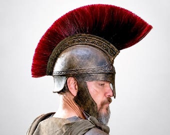 Ancient Greek Corinthian Helmet Replica | Spartan Warrior Helmet with Red Crest | Medieval Armor Cosplay | LARP Costume Decor