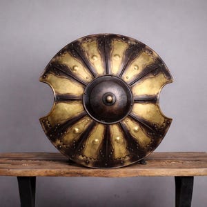 Handmade Medieval Battle Shield – Antique Gold & Black Warrior Decor