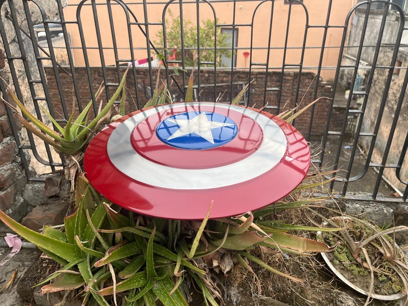 May include: A red, white, and blue Captain America shield with a silver star in the center, resting on top of a green plant.