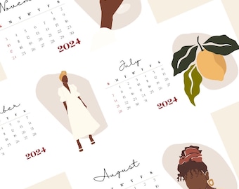May include: A calendar for the year 2024 with illustrations of a woman in a white dress, a hand holding a cup, a lemon on a branch, and a woman with a red headband. The months of November, July, and August are shown.