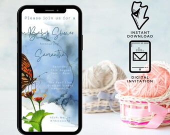 Butterfly Baby Shower Evite, Watercolour Blue, DIY Download, Gender Neutral Invitation, Editable Canva Template, New arrival,  #DA2WS