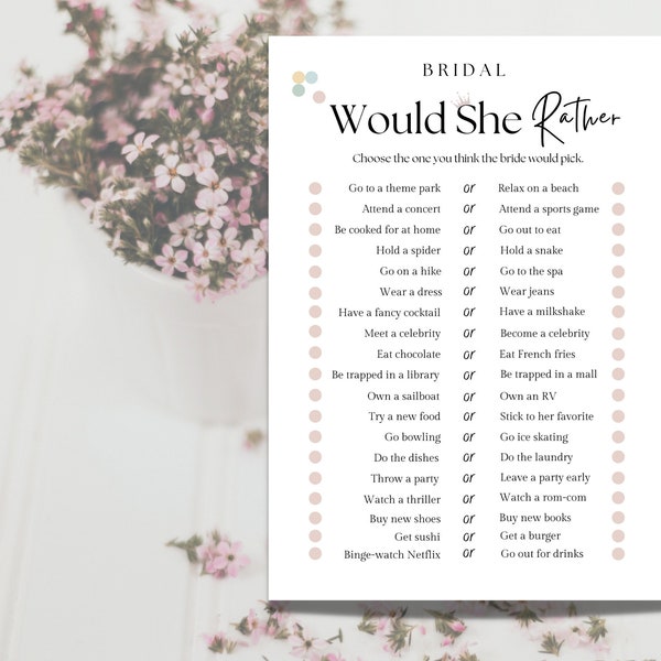 Would She Rather Bridal Shower Game | Bridal Shower Ideas | Wedding Party | Games for Bridal Showers | Bachelorette Party Games