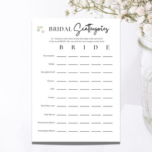 Jeu De Douche Nuptiale Scattergories | Scattergories de mariage | Idées de douche nuptiale | Jeux pour les fêtes nuptiales | Jeux d&#39;enterrement de vie de jeune fille