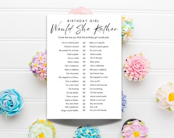 Juego/Plantilla imprimible para fiestas de cumpleaños "¿Qué prefiere ella?" (PDF)