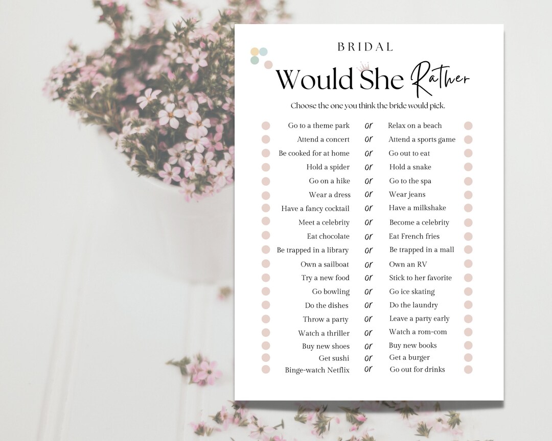 Would She Rather Bridal Shower Game Bridal Shower Ideas Wedding Party