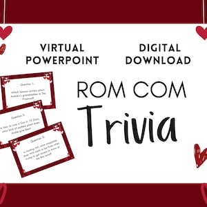 Puede incluir: Un juego de trivia ROM COM de descarga digital con un tema de corazones rojos y blancos. El juego incluye tres preguntas de trivia en tarjetas. Se muestran las palabras "Virtual PowerPoint" y "Digital Download".