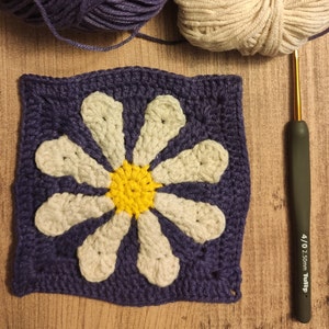 3D madeliefje gehaakt oma vierkant patroon | Retro bloemendeken pdf | Downloaden voor beginners