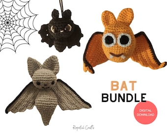Puede incluir: Tres murciélagos de ganchillo en negro, naranja y gris. La imagen incluye un gráfico de telaraña y el texto "BAT BUNDLE". Los murciélagos tienen ojos grandes. También hay una insignia de "DESCARGA DIGITAL".