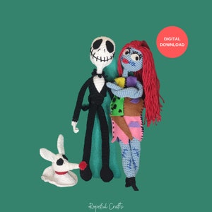 May include: Crochet pattern for a Nightmare Before Christmas themed amigurumi doll set. The set includes Jack Skellington, Sally, and Zero the ghost dog. The pattern is a digital download.