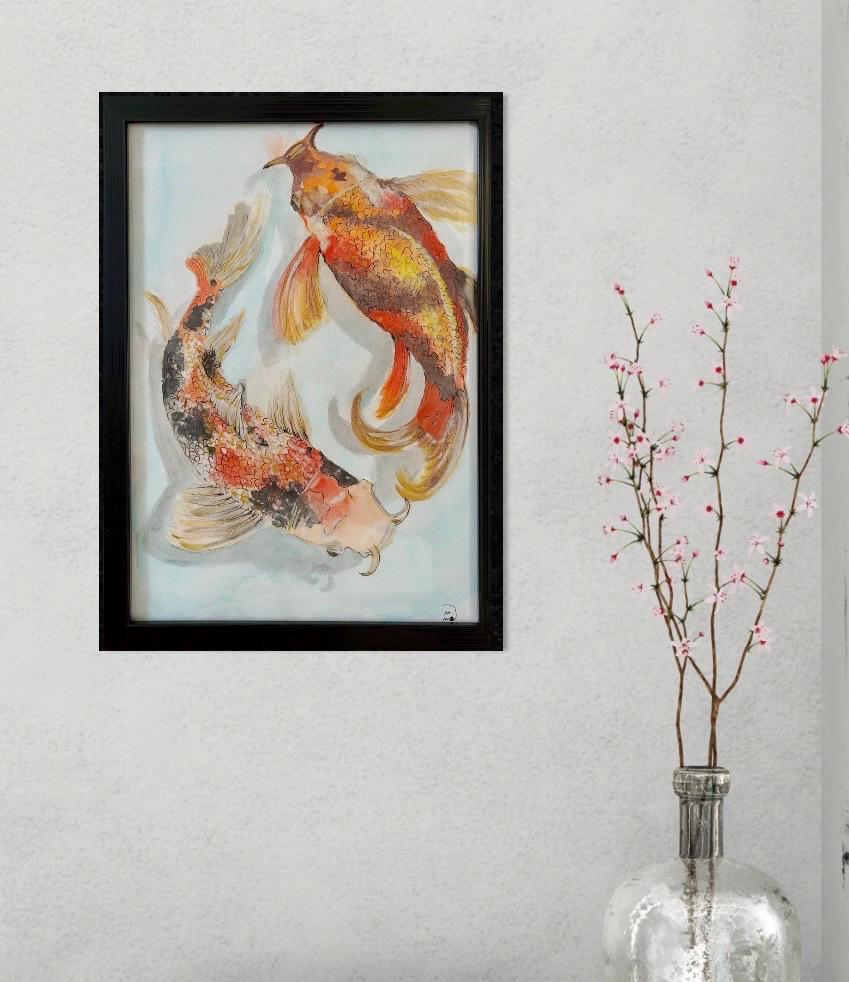 Planche à Découper En Verre Trempé 80x52 Cm - Motif Poisson Koi - Neuf