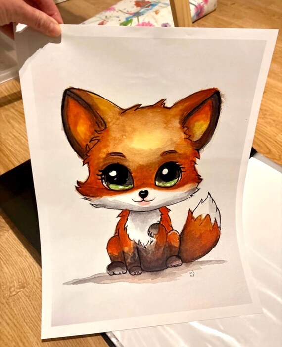 30x40cmポスター - 水彩画風アートプリント - カワイイ赤いキツネ 