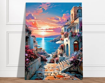 Greek Coastal Sunset Canvas Art | Mediterranean Landscape Wall Art | Greece Village Scene for Living Room, Bedroom, or Office Decor